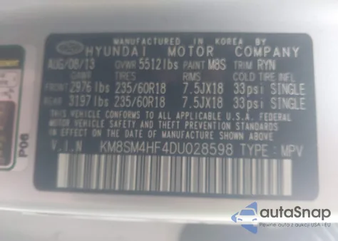 2013 Hyundai Santa Fe Gls из США, поврежденный, VIN KM8SM4HF4DU028598
